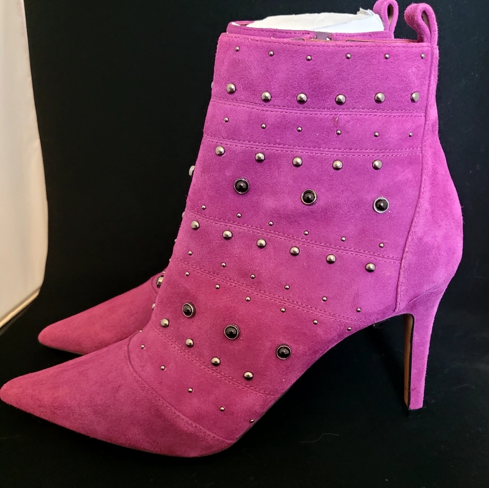 Purple suede studded heeled boots